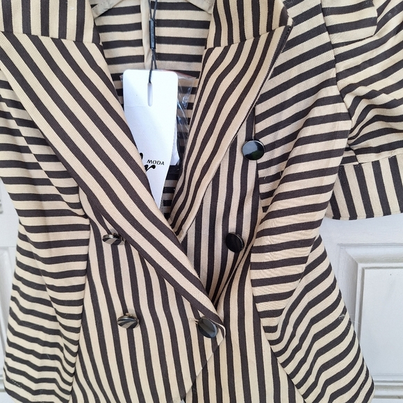 Vero Moda Jacket SzXS Stripe Blk/Tan Collar/Dbl Breasted Short Sleeves NWT - Picture 2 of 8
